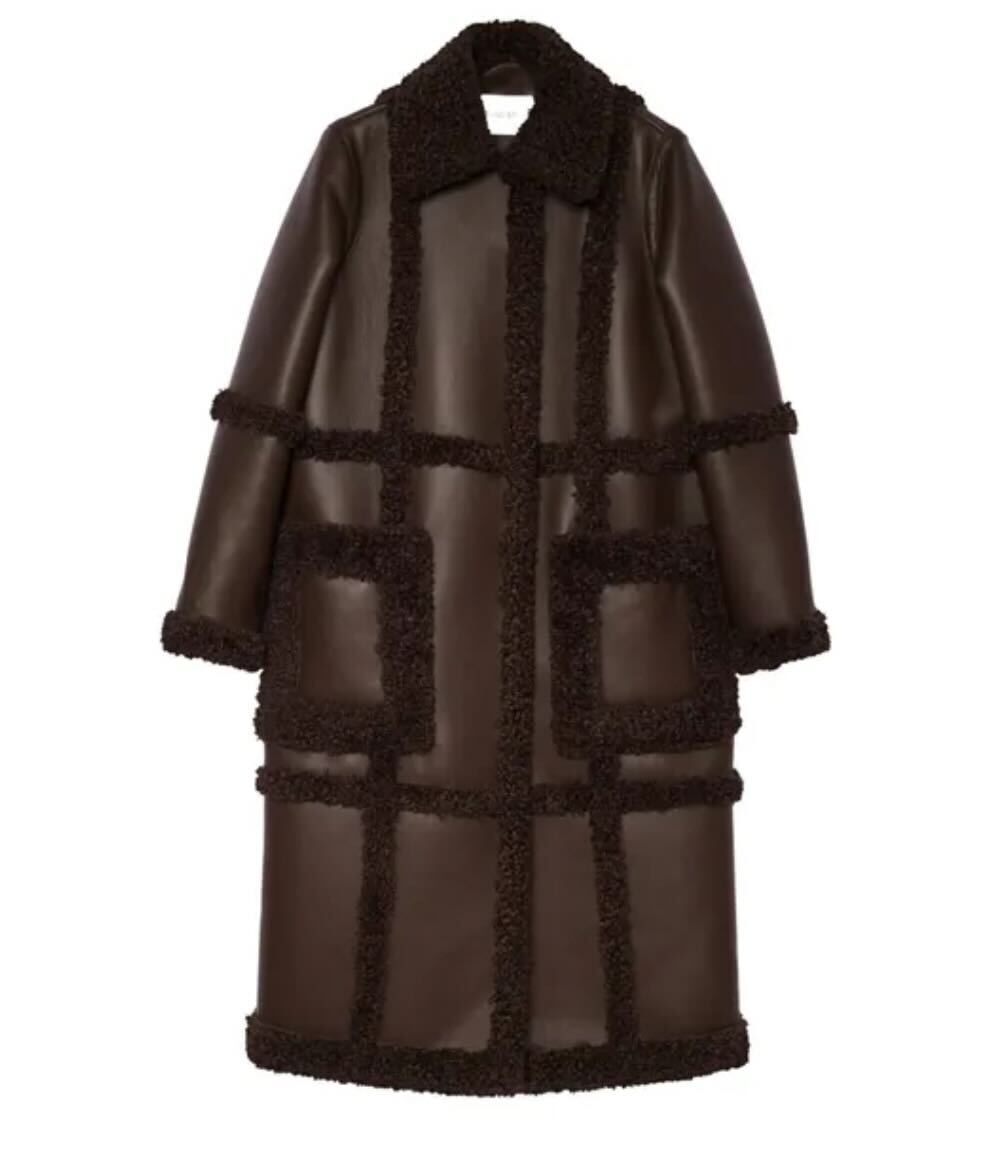 Stand Studio Patrice Panelled Dark Brown Faux Shearling Coat Size UK 8