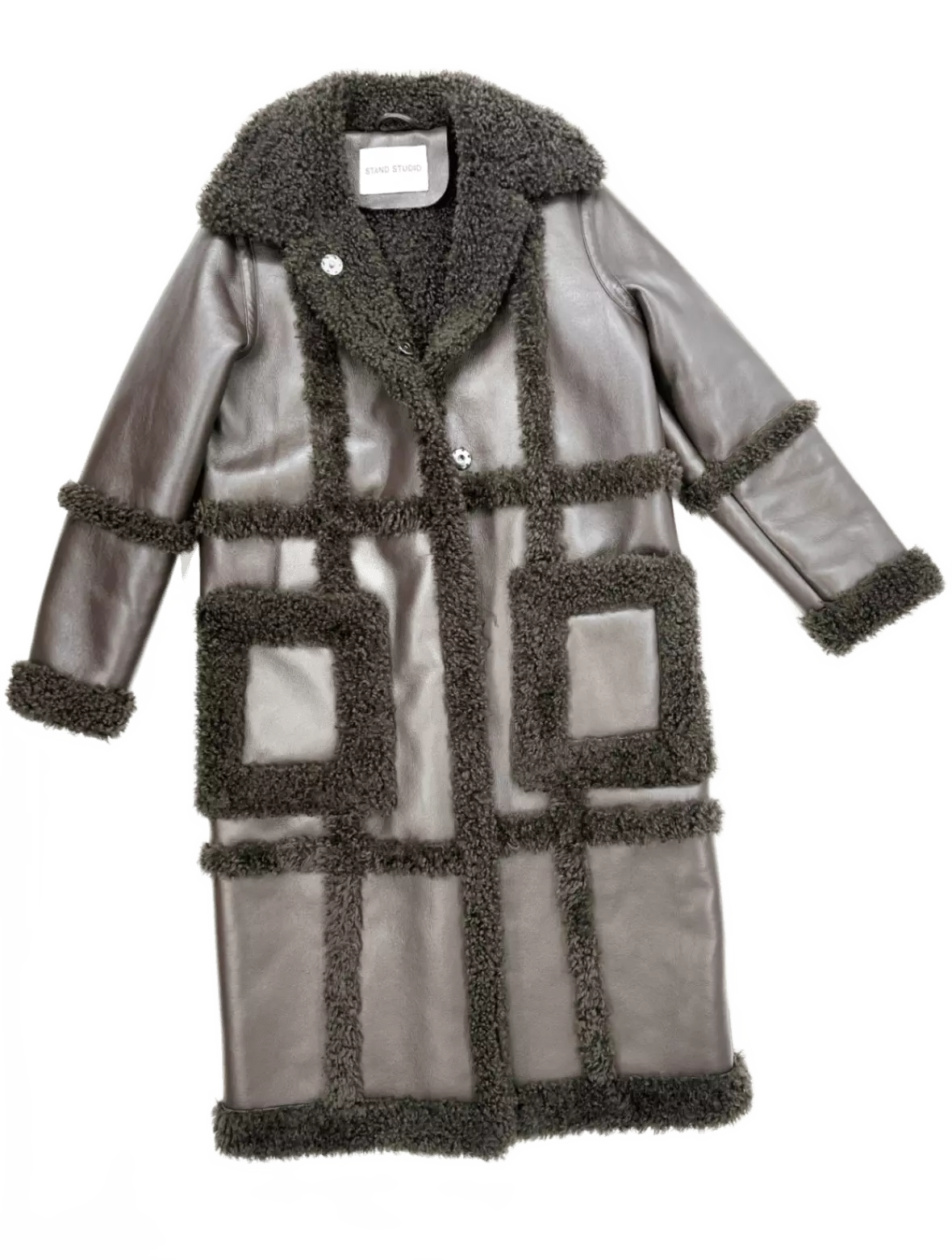 Stand Studio Patrice Panelled Dark Brown Faux Shearling Coat Size UK 8