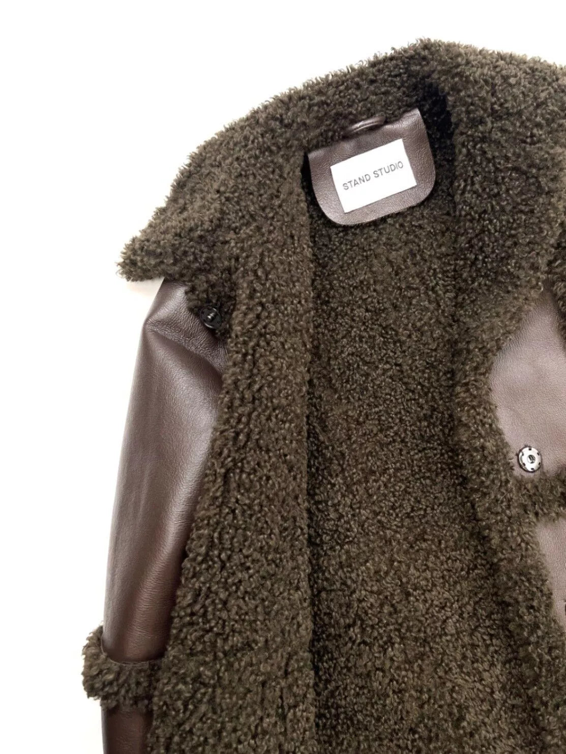 Stand Studio Patrice Panelled Dark Brown Faux Shearling Coat Size UK 8