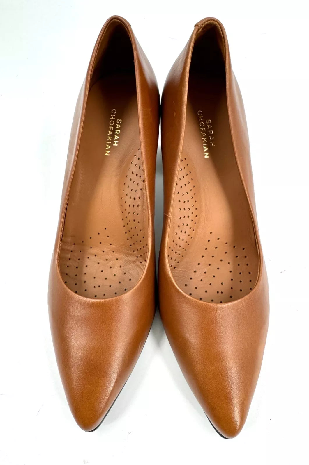 Sarah Chofakian Leather Solid Tan Brown Block Heels Size UK 4